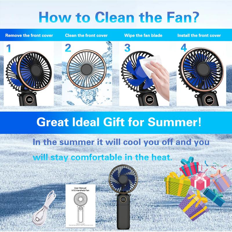 Portable Fan for Summer, 3-In-1 Folding Handheld/Neck/Desktop Portable Turbine Fan, Quiet Fan with Base, USB Rechargeable Portable Fan, 6-Speed Adjustable Pocket Cooling Fan for Travel/Camping/Office/Makeup Use Little