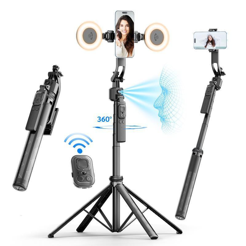64"Auto Face Tracking Phone Tripod for Iphone/Android, 360° Rotation Selfiestick Tripod with Bluetooth Remote Control, Panoramic Tracking Suitable for Live Streaming/Videos Recording Scalable Selfie Stick
