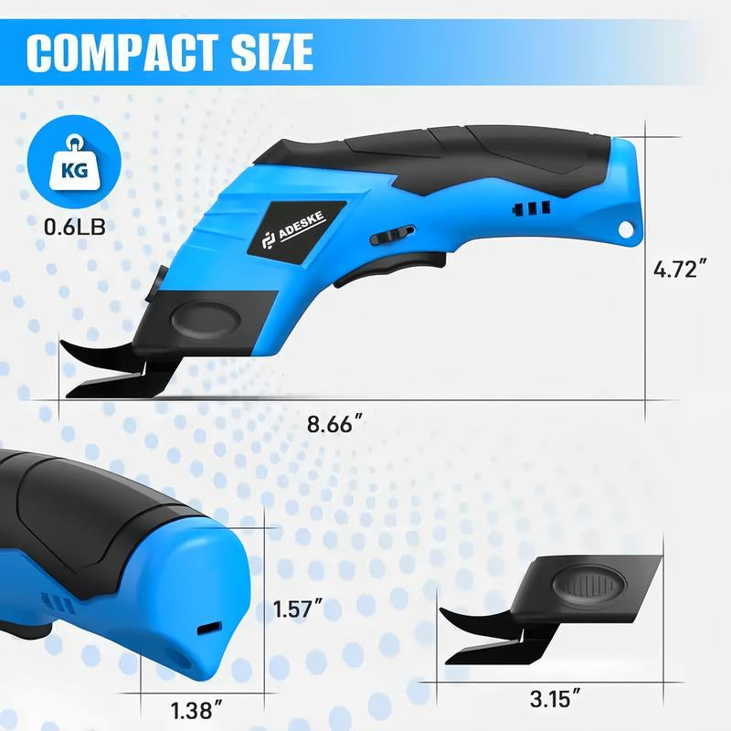 ADESKE Cordless Electric Scissors, Rechargeable Cardboard Cutter with Safety Lock and Rubber Handle, Suitable for Box Carpet Plastic Fabric, with Plastic Box Exquisite Packaging