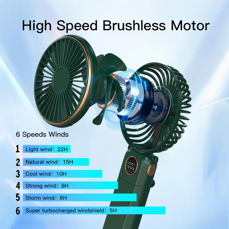 Portable Fan for Summer, 3-In-1 Folding Handheld/Neck/Desktop Portable Turbine Fan, Quiet Fan with Base, USB Rechargeable Portable Fan, 6-Speed Adjustable Pocket Cooling Fan for Travel/Camping/Office/Makeup Use Little