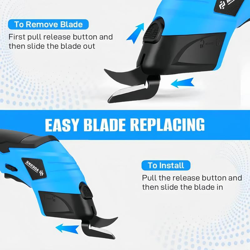 ADESKE Cordless Electric Scissors, Rechargeable Cardboard Cutter with Safety Lock and Rubber Handle, Suitable for Box Carpet Plastic Fabric, with Plastic Box Exquisite Packaging