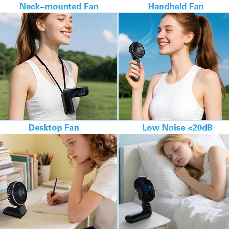 Portable Fan for Summer, 3-In-1 Folding Handheld/Neck/Desktop Portable Turbine Fan, Quiet Fan with Base, USB Rechargeable Portable Fan, 6-Speed Adjustable Pocket Cooling Fan for Travel/Camping/Office/Makeup Use Little