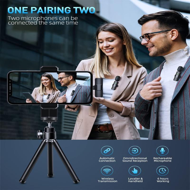 2 Pcs Wireless Lavalier Microphones for Iphone, Android, Ipad - Mini Wireless Clip-On Microphones Crystal Clear Sound Quality for Recording, Live Streaming,Vlog Microfono Minimic Usb C Interface Smartphone