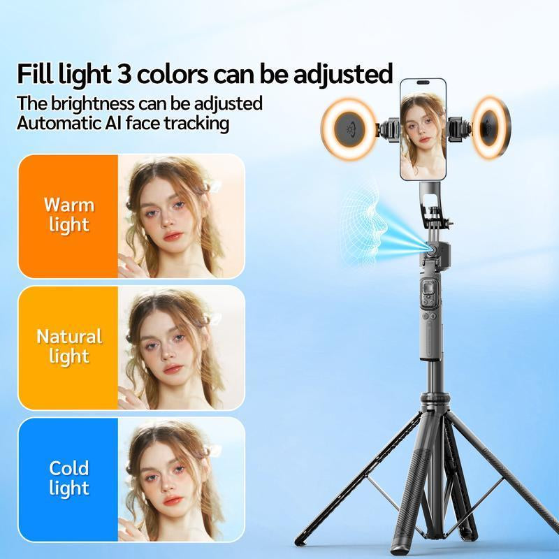 64"Auto Face Tracking Phone Tripod for Iphone/Android, 360° Rotation Selfiestick Tripod with Bluetooth Remote Control, Panoramic Tracking Suitable for Live Streaming/Videos Recording Scalable Selfie Stick