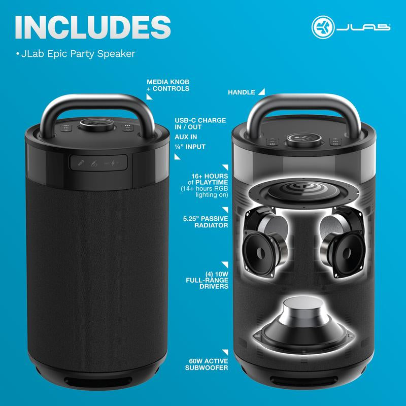 Jlab Epic Party Portable 100W Bluetooth Speaker with 4 Drivers, 16+ HR Playtime, RGB Lighting, IP56 Waterproof, Connect Multiple via Lab Sync, 3.5Mm AUX Input, USB-C Charging - Audio