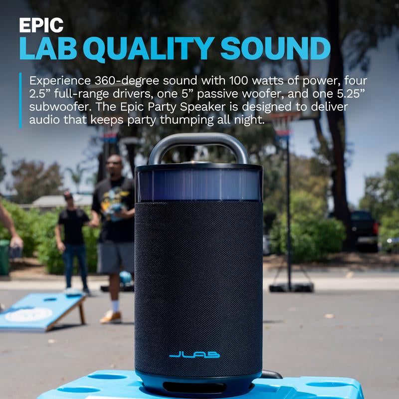 Jlab Epic Party Portable 100W Bluetooth Speaker with 4 Drivers, 16+ HR Playtime, RGB Lighting, IP56 Waterproof, Connect Multiple via Lab Sync, 3.5Mm AUX Input, USB-C Charging - Audio