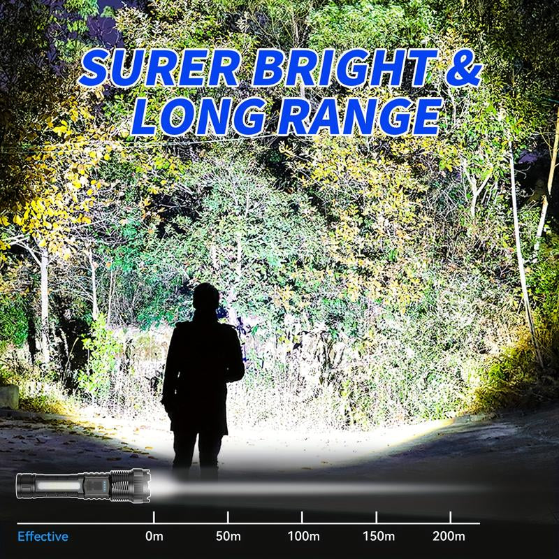 6-IN-1 ZOOM FLASHLIGHT! 200M BEAM & USB-C FAST CHARGE | 3 MAIN MODES + 3 COB SIDELIGHTS | POWER DISPLAY & PORTABLE BATTERY PACK | PERFECT for CAMPING & EMERGENCIES! Strong Flashlight High Lumen
