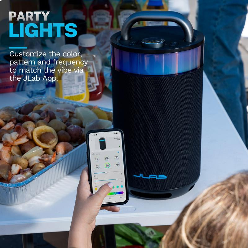 Jlab Epic Party Portable 100W Bluetooth Speaker with 4 Drivers, 16+ HR Playtime, RGB Lighting, IP56 Waterproof, Connect Multiple via Lab Sync, 3.5Mm AUX Input, USB-C Charging - Audio