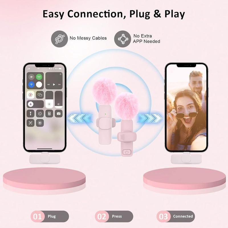 2 Pcs Wireless Lavalier Microphones for Iphone, Android, Ipad - Mini Wireless Clip-On Microphones Crystal Clear Sound Quality for Recording, Live Streaming,Vlog Microfono Minimic Usb C Interface Smartphone