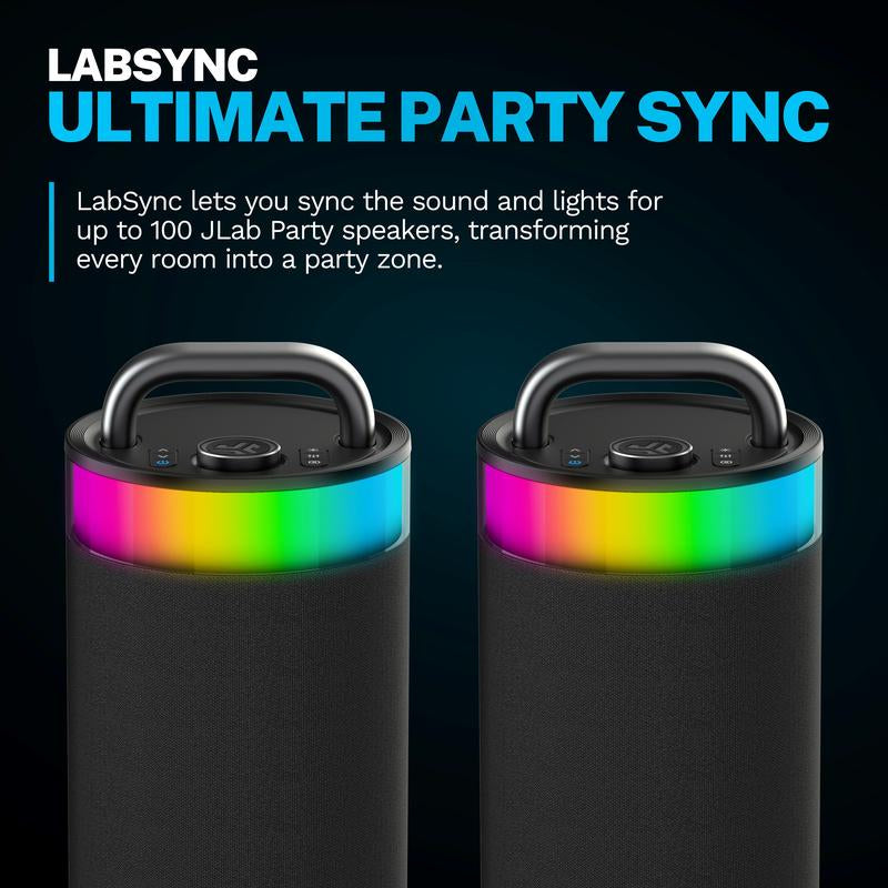 Jlab Epic Party Portable 100W Bluetooth Speaker with 4 Drivers, 16+ HR Playtime, RGB Lighting, IP56 Waterproof, Connect Multiple via Lab Sync, 3.5Mm AUX Input, USB-C Charging - Audio
