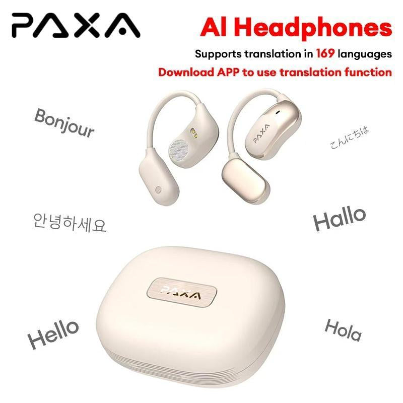 PAXA KC09 with Built-In 169-Language Translation Wireless Headphones with Electroplated Ear Hook Design – Comfortable, Great Sound, Bluetooth 5.4 Flash Connection, Wireless Earbuds for Music and Calls