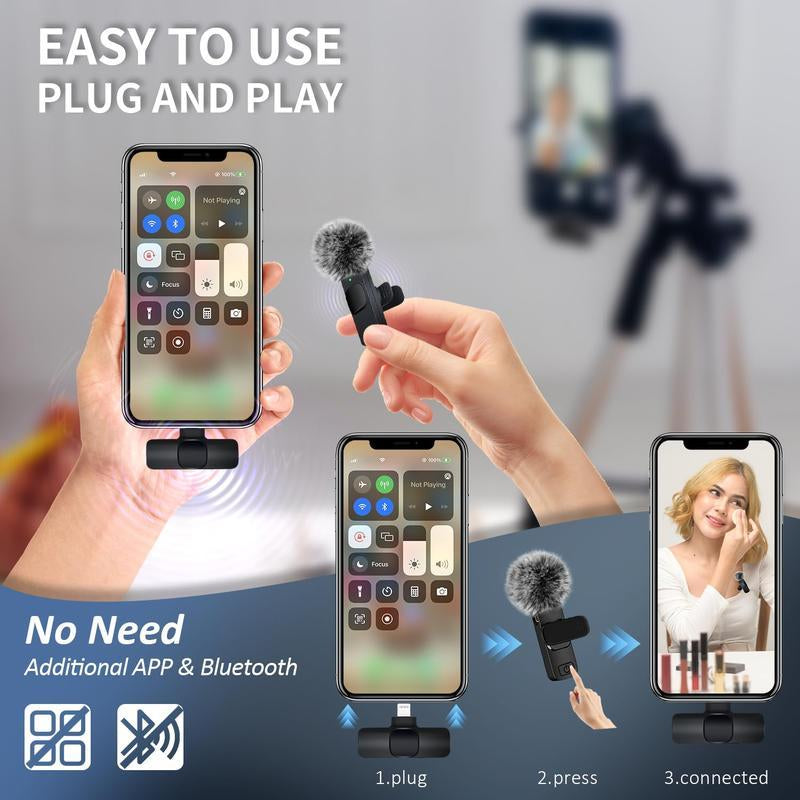 2 Pcs Wireless Lavalier Microphones for Iphone, Android, Ipad - Mini Wireless Clip-On Microphones Crystal Clear Sound Quality for Recording, Live Streaming,Vlog Microfono Minimic Usb C Interface Smartphone