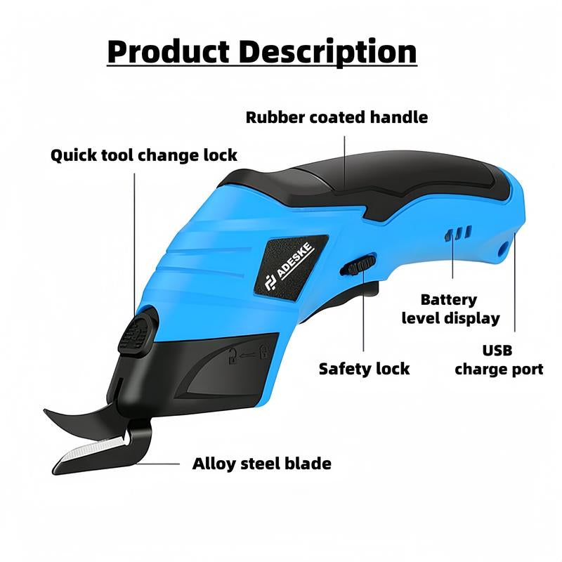 ADESKE Cordless Electric Scissors, Rechargeable Cardboard Cutter with Safety Lock and Rubber Handle, Suitable for Box Carpet Plastic Fabric, with Plastic Box Exquisite Packaging