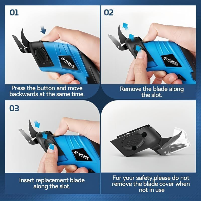 ADESKE Cordless Electric Scissors, Rechargeable Cardboard Cutter with Safety Lock and Rubber Handle, Suitable for Box Carpet Plastic Fabric, with Plastic Box Exquisite Packaging