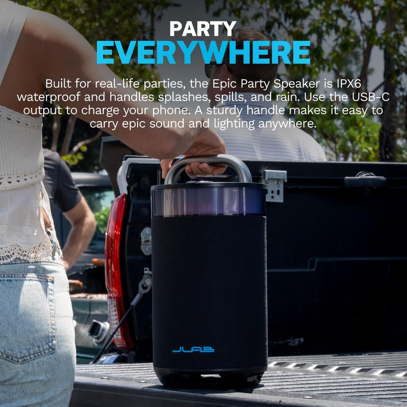 Jlab Epic Party Portable 100W Bluetooth Speaker with 4 Drivers, 16+ HR Playtime, RGB Lighting, IP56 Waterproof, Connect Multiple via Lab Sync, 3.5Mm AUX Input, USB-C Charging - Audio