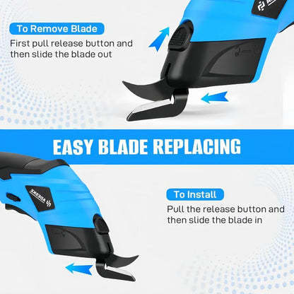 ADESKE Cordless Electric Scissors, Rechargeable Cardboard Cutter with Safety Lock and Rubber Handle, Suitable for Box Carpet Plastic Fabric, with Plastic Box Exquisite Packaging