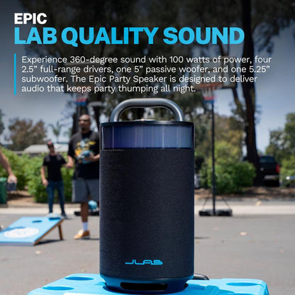 Jlab Epic Party Portable 100W Bluetooth Speaker with 4 Drivers, 16+ HR Playtime, RGB Lighting, IP56 Waterproof, Connect Multiple via Lab Sync, 3.5Mm AUX Input, USB-C Charging - Audio