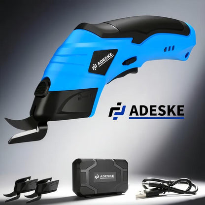 ADESKE Cordless Electric Scissors, Rechargeable Cardboard Cutter with Safety Lock and Rubber Handle, Suitable for Box Carpet Plastic Fabric, with Plastic Box Exquisite Packaging