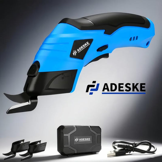 ADESKE Cordless Electric Scissors, Rechargeable Cardboard Cutter with Safety Lock and Rubber Handle, Suitable for Box Carpet Plastic Fabric, with Plastic Box Exquisite Packaging